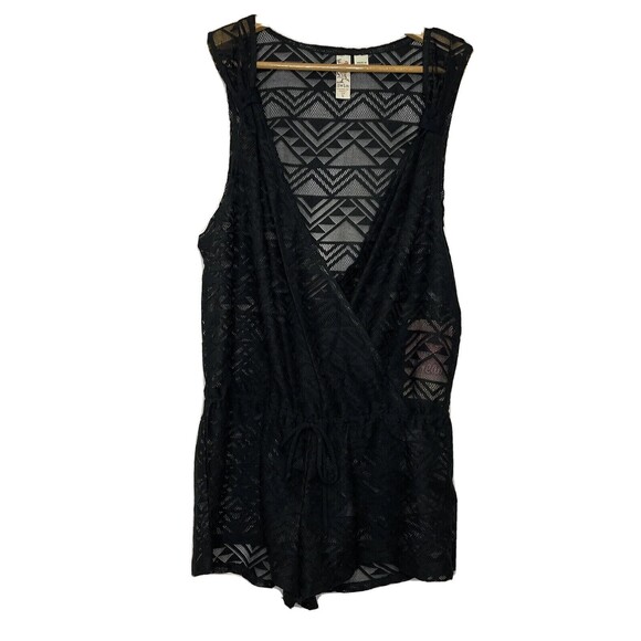 Miken Black Crochet Swim Cover Up Romper Boho Lace Sheer Juniors Large geometric - Picture 1 of 9
